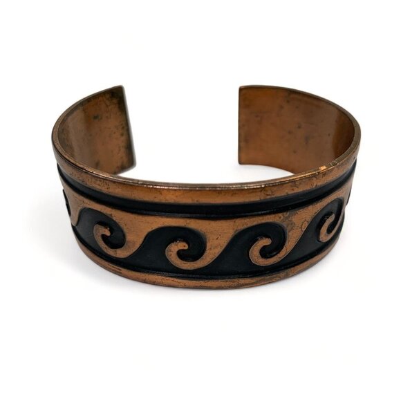 Vintage Marked Solid Copper Cuff Bracelet Enamel Wave Design 1.5"W Adjustable - Picture 2 of 6